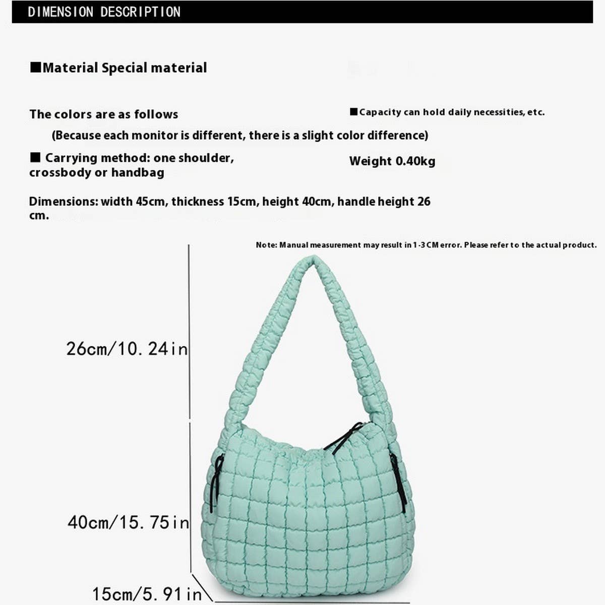 The ACCITY Cloud Tote Bag Large Shoulder Crossbody is a light blue, quilted women's dumpling-style bag with two side zippers, a single shoulder strap, and 45x15x40 cm size. Handle height: 26 cm. Stylish and functional for everyday fashion.