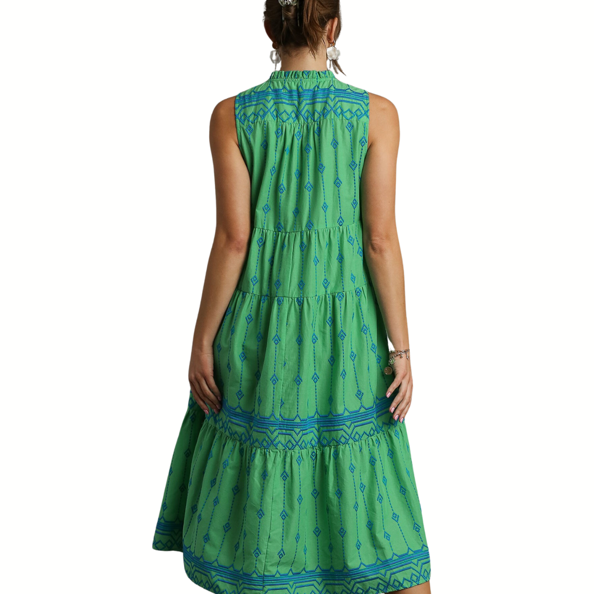 The back view of a woman in an Embroidery A-line Midi Dress in Green by FASHION GO.
