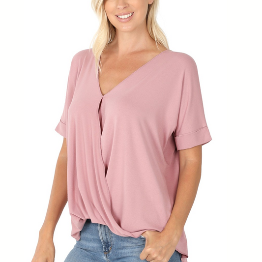 The model is wearing a FASHION GO Drape Front Layered-Look Top in Rose with a v-neck.