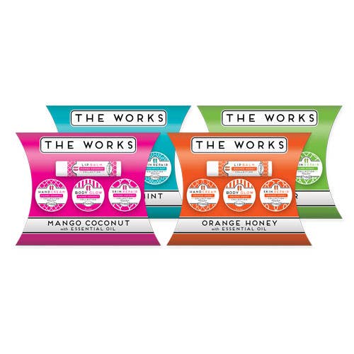 The PUREfactory Naturals "The Works" travel-size skin care set includes four packages in enticing flavors: Mango Coconut, Orange Honey with orange essential oil, and Mint. Each package contains a lip balm and body balm for skin repair and a glowing finish.