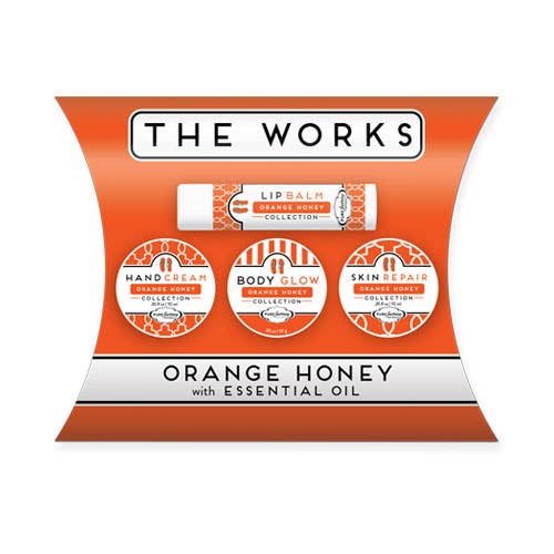 The PUREfactory Naturals' Works Travel Size Skin Care Favorites in Orange Honey includes body glow, skin repair essentials, lip balm, and hand cream. Packaged vibrantly with orange essential oil, it's the perfect treat for rejuvenating your skin.
