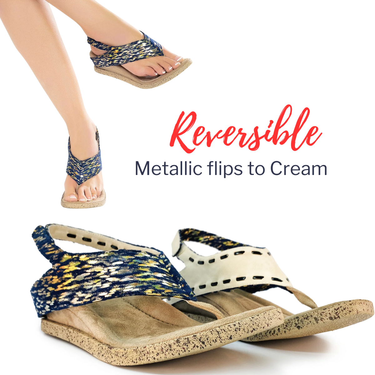Explore the versatility of MODZORI's Feena #1 sandals. These reversible Bone to Multi sandals offer one foot in a striking pattern and the other in elegant cream, as showcased in the "Reversible Metallic flips to Cream" text.