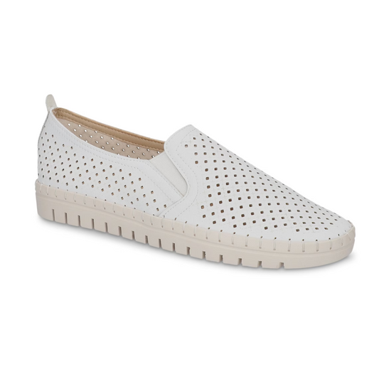 Fresh Easy Street slip-on white perforated sneaker with a rubber sole.