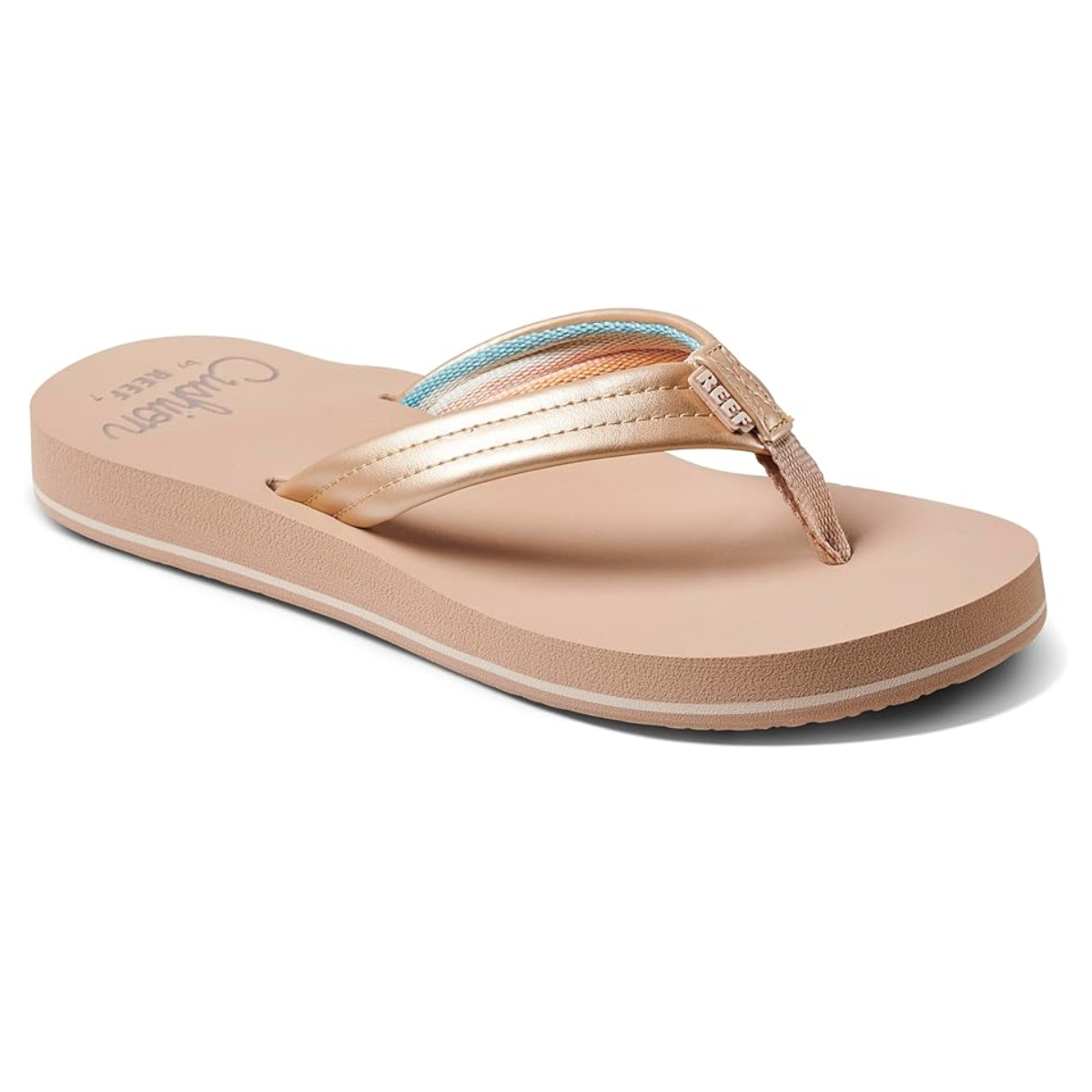 A women's Cushion Breeze flip flop in Golden Hour by REEF with anatomical arch support and a synthetic nubuck strap, perfect for all-day comfort.