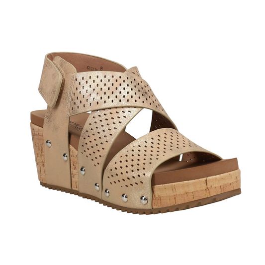 Women's beige faux leather perforated wedge sandal with stud detailing - Guilty Pleasure Sandal in Gold by Corky's Footwear Inc