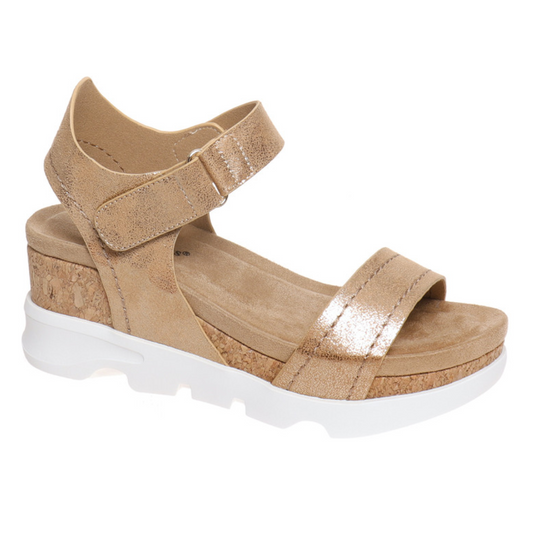 Women's Hit-1 Gold Strappy Wedge Sandal by Pierre Dumas with adjustable ankle strap and metallic straps.