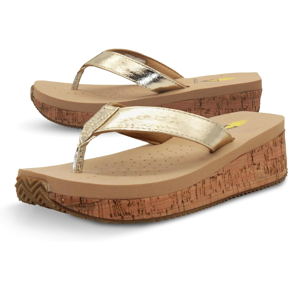 The Neville Thong Flip Flop in Gold by PV Footwear features metallic gold straps, cork-patterned platform soles, rubber traction outsoles for stability, and an ultra comfort EVA insole for all-day ease.