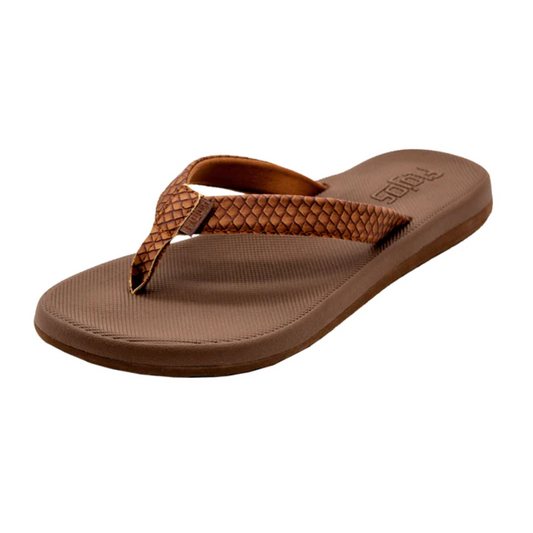 A single brown sandal with a woven strap design against a white background.
Product Name: Kay Textured Thong/flip flop in Brown by FLOJOS
