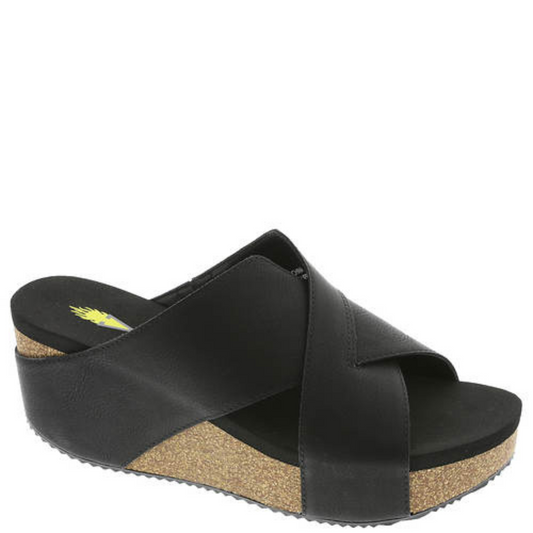 Firefly Faux Leather Criss Cross Slide Sandal in Black by Volatile - Rosenthal & Rosenthal with cork platform on a white background.