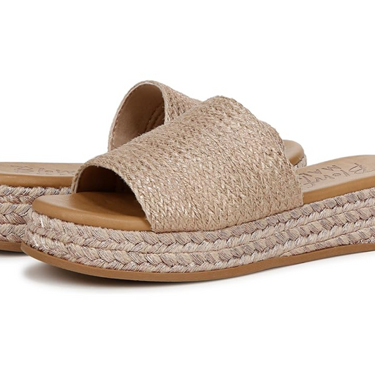 Pair of woven CALERES INC. Marshlo Sandals in RoseGold with espadrille soles and rope details.