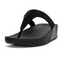 The Lulu Crystal Embellished Toe Post Flip Flop in Black by FIT FLOPS, presented from a side angle, showcases textured straps and footbed. It features FITFLOP's signature Microwobbleboard™ midsoles for enhanced comfort and style, adorned with subtle micro-crystals.