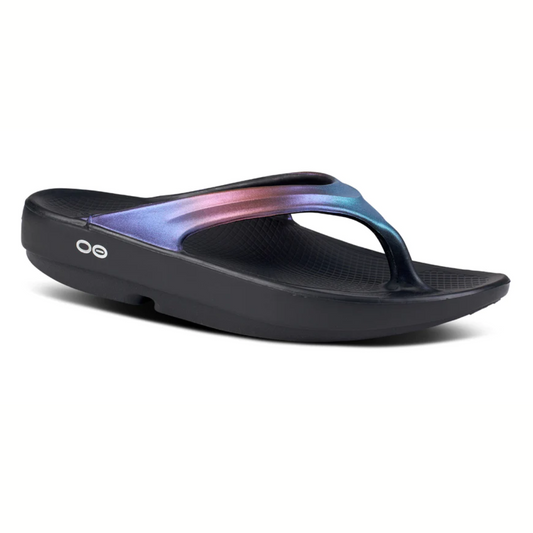 A single Oolala Lux Midnight Specture flip-flop by Oofos featuring an OOfoam™ colorful strap designed for impact absorption, on a white background, to reduce stress on your feet.