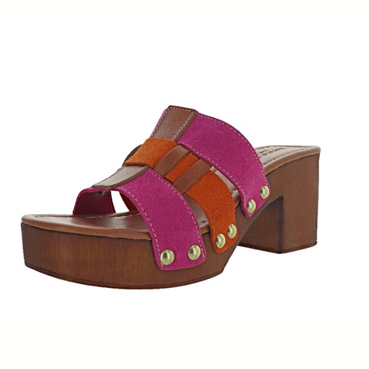 A pair of BERNIE MEV Mia Suede Block Heel women's platform sandals with fuchsia and orange straps and a block heel, isolated on a white background.