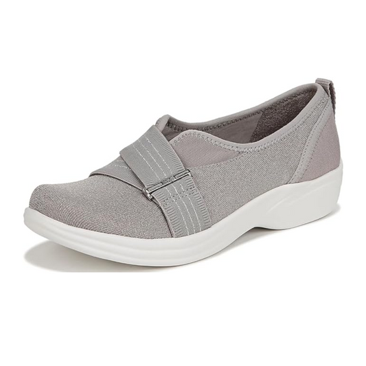 A single Niche Slip-on Casual Shoe in Silver by BZEES crafted from eco-conscious materials, featuring elastic straps on the upper and a white rubber sole with anti-microbial technology.