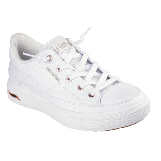 A white SKECHERS Arch Fit Arcade Sneaker in White Canvas with laces on a white background.