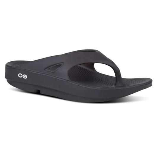 A black OORIGINAL THONG flip-flop sandal with a patented footbed design, by Oofos FLOP FLOP, on a white background.