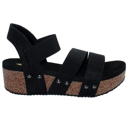 Picnic Linen Black by Volatile sandal with velcro straps and cork wedge. (Brand: Volatile - Rosenthal & Rosenthal)