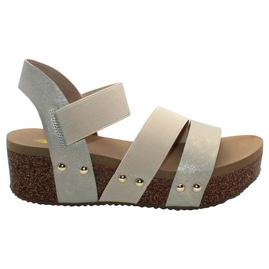 A pair of Picnic Linen Gold by Volatile platform sandals with a cork wedge and crisscross elastic straps.