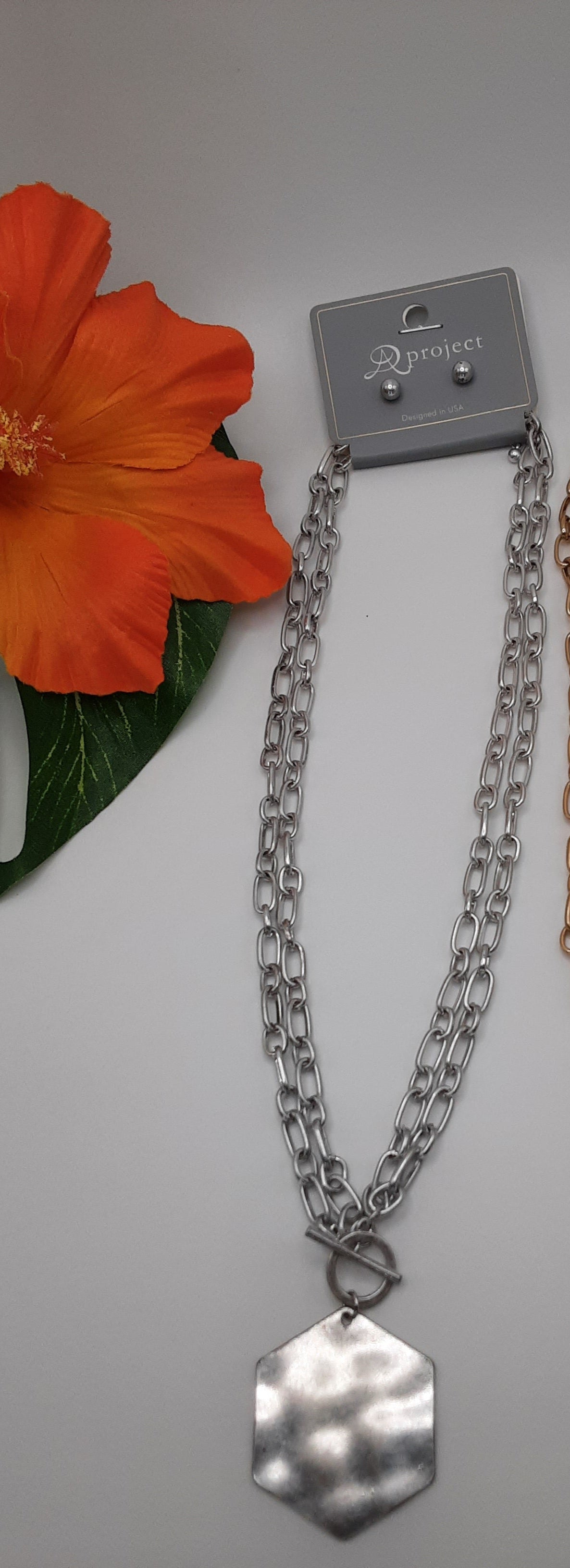 Two SPECIAL EFFECTS chain necklaces, featuring hexagonal pendants from the A PROJECT QNE 2525 HEXAGON collection—one in silver and the other in gold—displayed next to an artificial orange flower on a white surface.