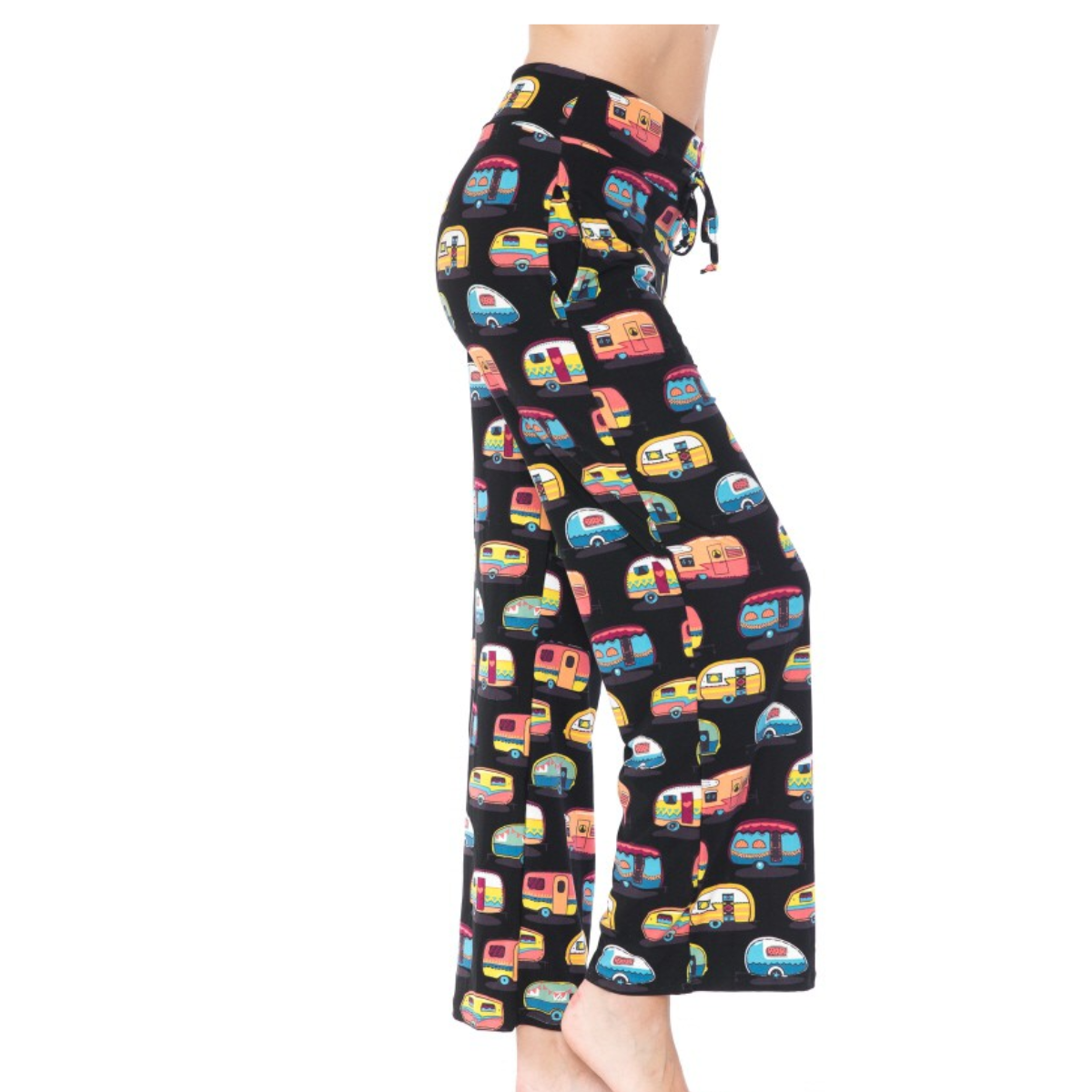 Person wearing FASHION GO Buttery Soft Pajama Pants with Drawstring, decorated with colorful camper van patterns and featuring a convenient elastic waistband, standing in profile with their legs slightly apart.