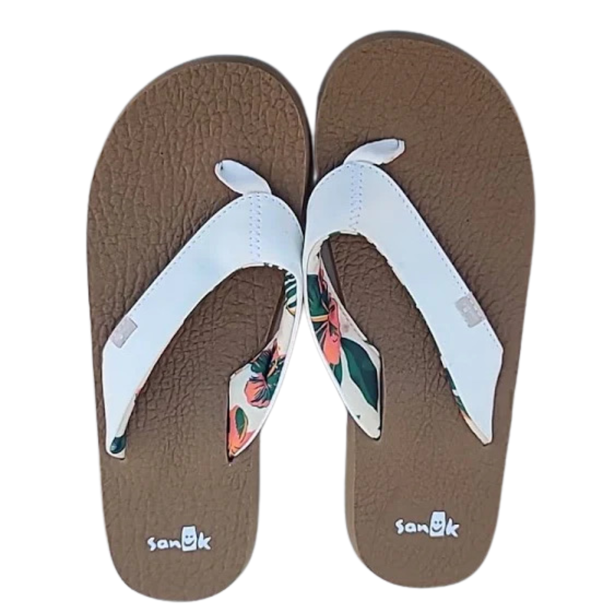 Sanuk Women's Yoga Mat flip flops in Vintage Floral White with a flower design.
