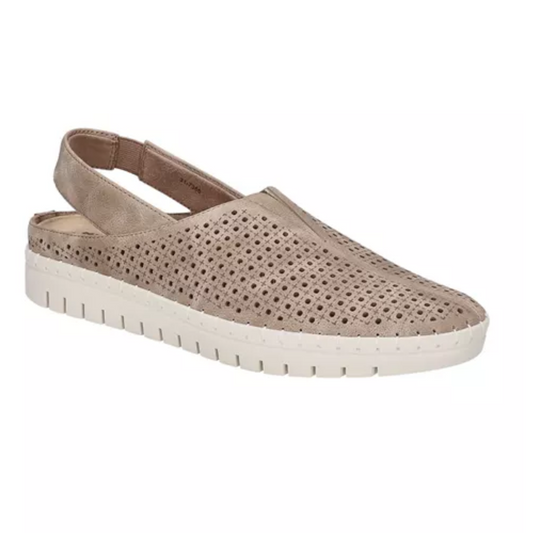 Beige perforated slip-on athleisure sneaker with white Comfort Wave™ sole by EASY STREET.