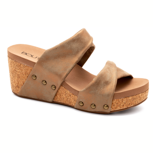 A women's Stranded Wedge in Bronze Metallic by Corky's Footwear sandal with two straps.