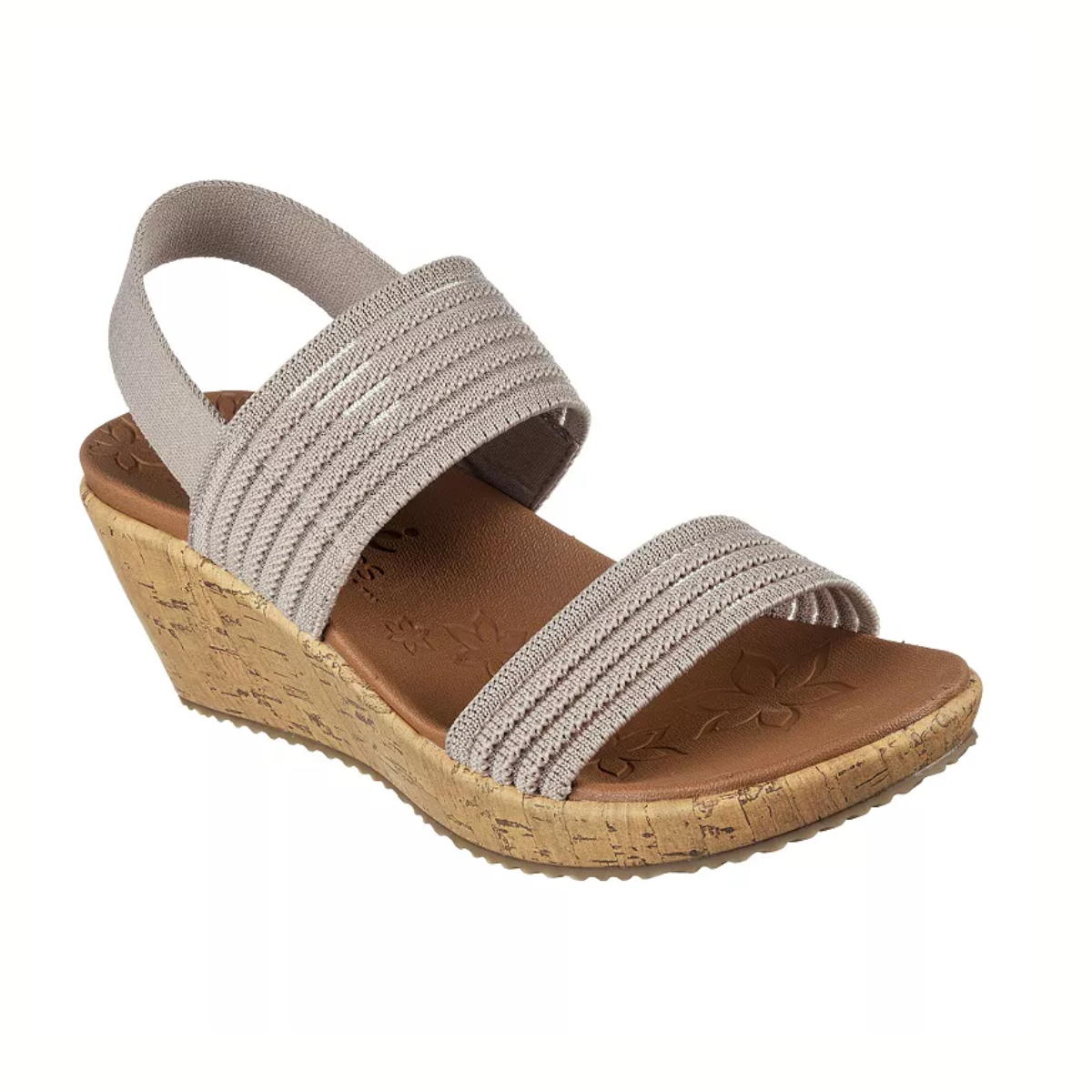 A SKECHERS USA INC Sheer Luck women's wedge sandal with elastic straps and a cork-like Luxe Foam sole.