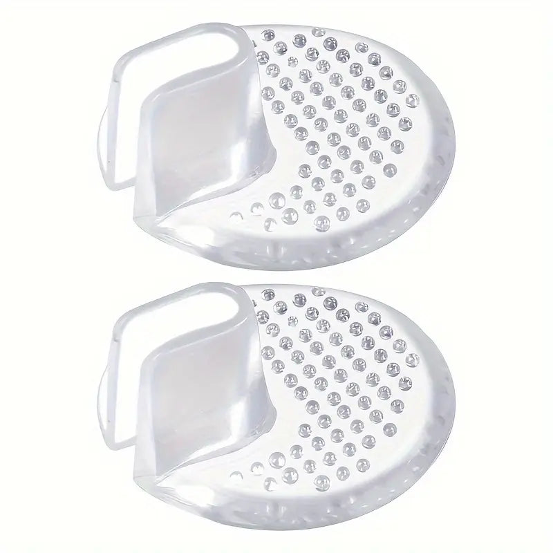 The image shows two transparent silicone heel cups, designed by AMAZON.COM for blister prevention and pain relief, under the product name "Foot Pads for Flip Flop Toe Posts.