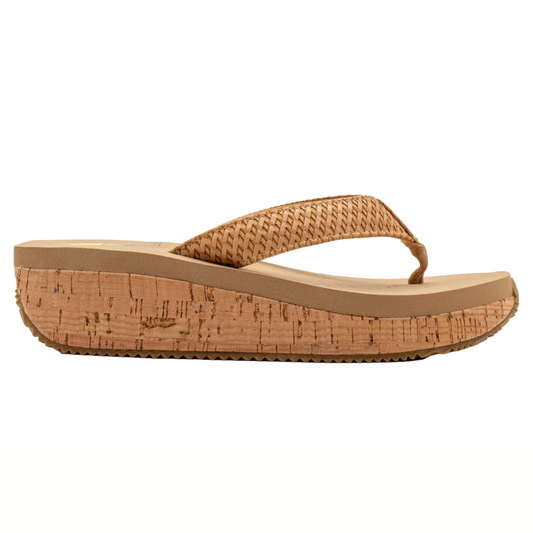 A women's Trailblazer Woven Embossed Flip Flop in Natural with a cork sole by Volatile - Rosenthal & Rosenthal.
