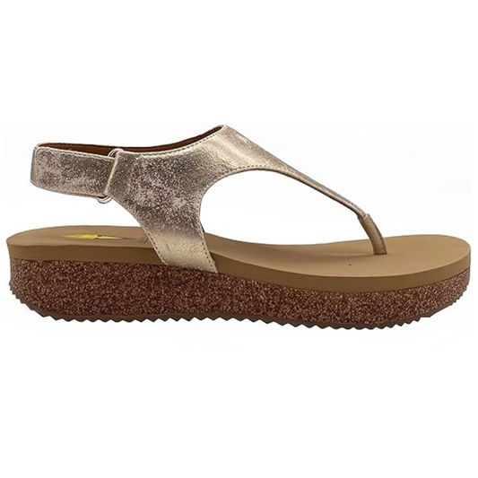 A women's Trek in Gold Metallic sandal with a cork wedge sole by Volatile - Rosenthal & Rosenthal.