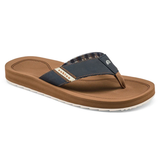 Men's flip-flop with plaid strap detail and brown sole, known as the COBIAN ARV 2 Trek Mens Flip Flop in Navy sandal.