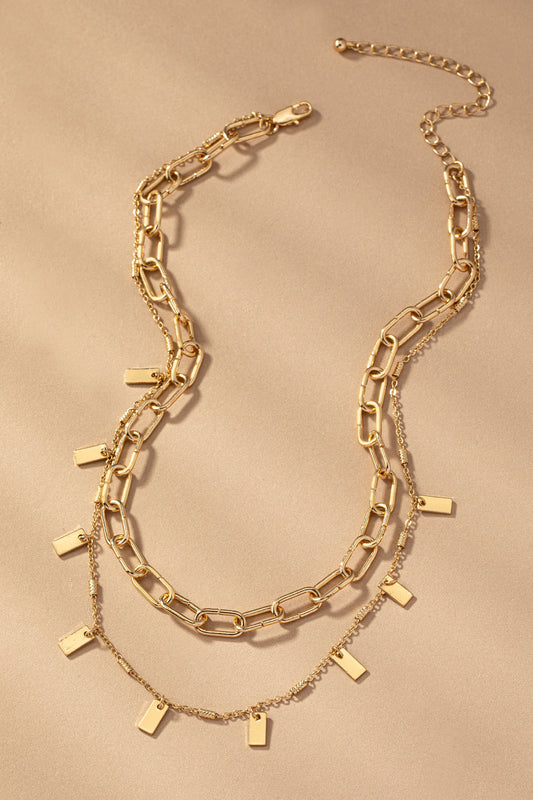 Two Row Chunky Chain with Rectangular Drops by FASHION GO, displayed on a beige background.