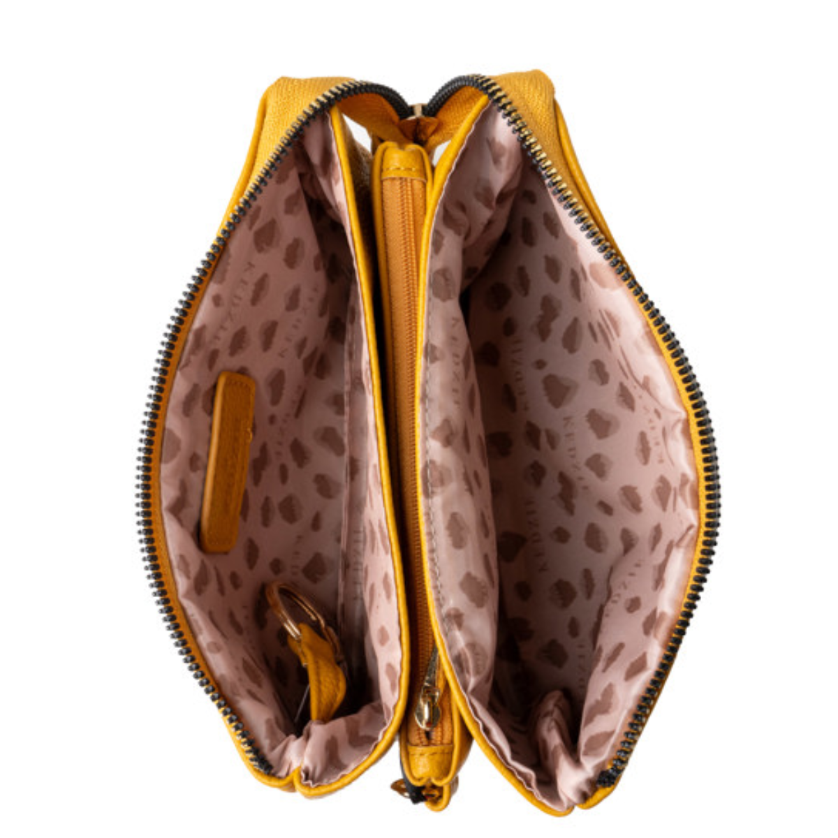 Open empty DM MERCHANDISING INC Convertible Crossbody Wallet/Purse with a leopard print interior, yellow accents, and card slots.