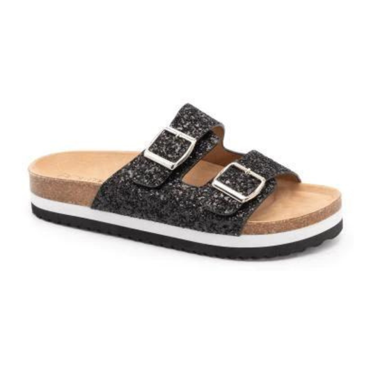 Black glitter CORKY'S FOOTWEAR Beach Babe double strap sandal with cork footbed and adjustability for comfort.