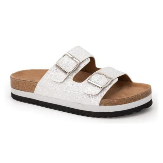 A white CORKY'S FOOTWEAR Beach Babe white glitter sandal with two buckles and two straps, offering adjustability and comfort.