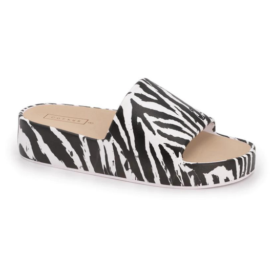 Women's platform slide sandal with zebra print design and synthetic banded upper. 
Product: Popsicle Zebra print Flip Flop 
Brand: CORKY'S FOOTWEAR