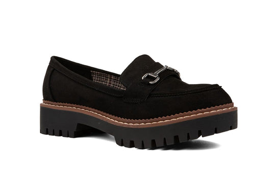 JELLYPOP MARIO BLACK MULE with lug sole and buckle detail on a white background.