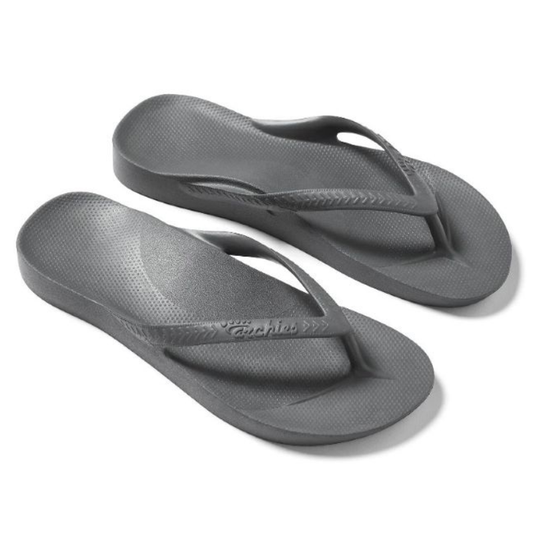 A pair of black ARCHIES Flip Flops in CHARCOAL by ARCHIES FOOTWEAR LLC on a white background.