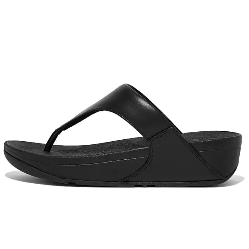 FIT FLOP LULU black leather toe post sandal on a white background by FITFLOP USA LLC.