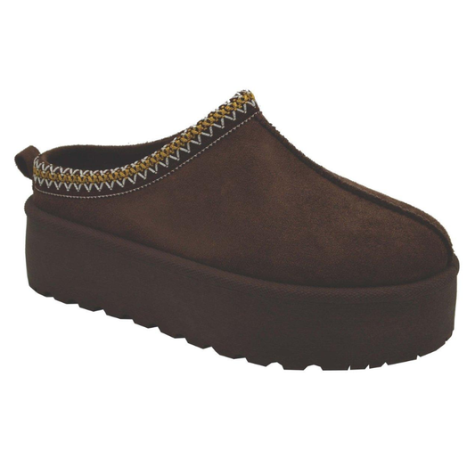 Brown micro suede Tall Platform Clog Slipper with a decorative stitched trim, isolated on a white background by GOLDEN ROAD TRADING.
