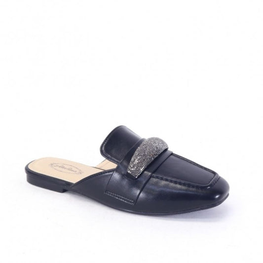 Black ATALINA Mule SF9582 slip-on loafer with rhinestone embellishments on a white background by SUMMER RIO.