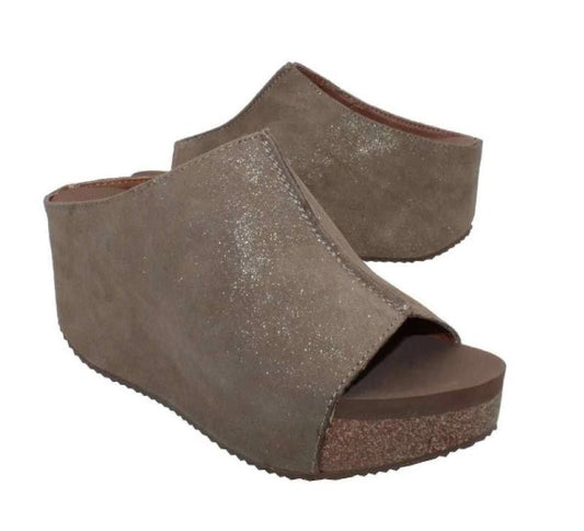 Brown suede platform wedge sandals with a glitter finish - Volatile Carrier Bronze Sandal by Volatile - Rosenthal & Rosenthal.