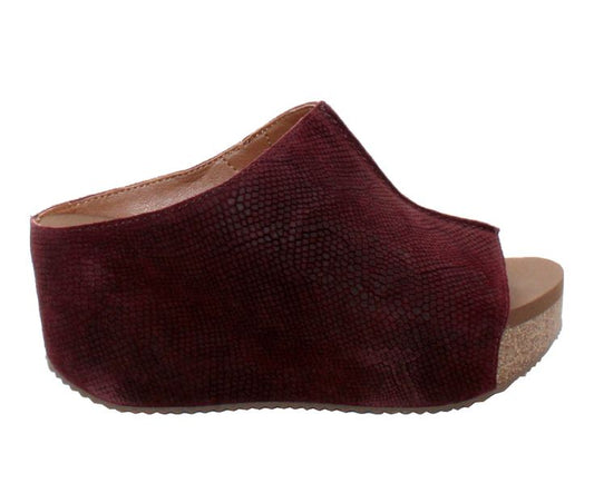 Red suede textured platform wedge Volatile Carrier Ox Blood sandal by Volatile - Rosenthal & Rosenthal.