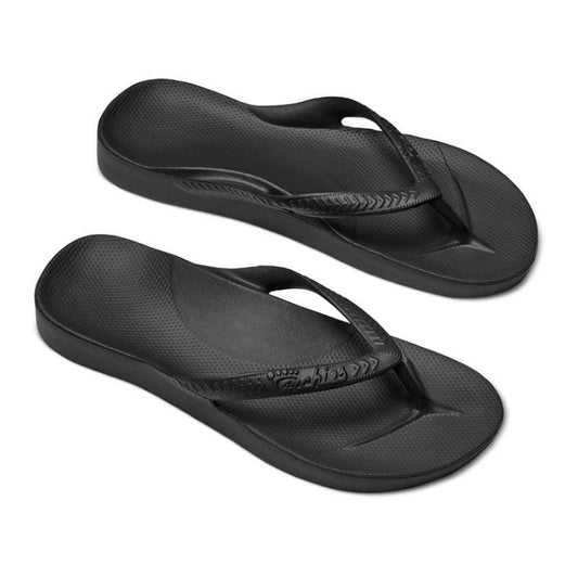 A pair of black ARCHIES Flip Flops with arch support on a white background.