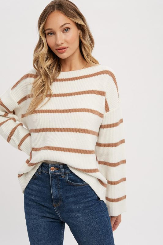 Woman posing in a casual Stripped Ribbed Pullover Sweater from Bluivy and blue jeans.