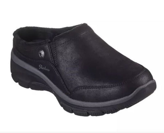 SKECHERS USA INC Easy Going black slip-on casual shoe with logo on side, featuring Air-Cooled Memory Foam.
