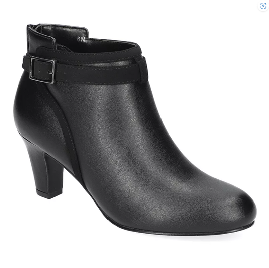 Easy Street Rain black ankle bootie with a low heel and buckle strap.