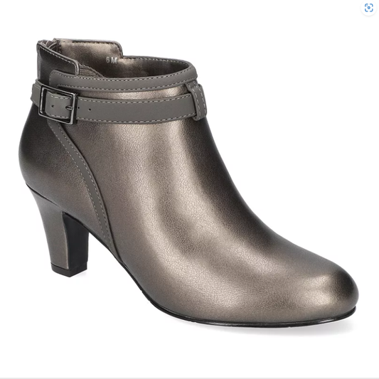A metallic gray bootie with a buckle detail, and a mid-height heel. 
Product: EASYSTREET RAIN PEWTER BOOT by EASY STREET