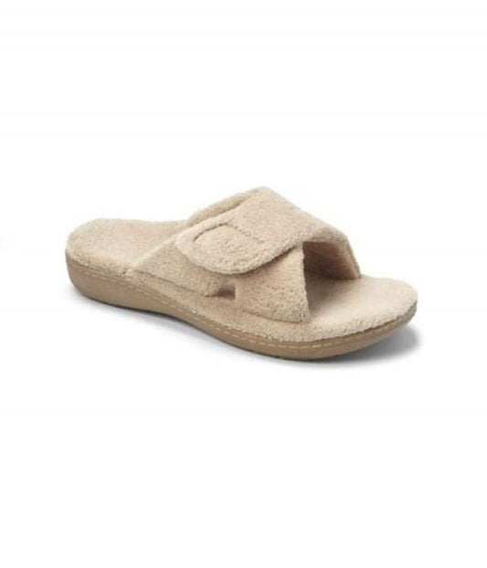 Beige Vionic Relax Tan slip-on sandal with adjustable strap and arch support by Vionic Group LLC.